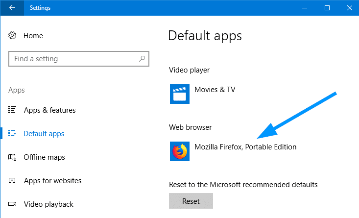 Портативный регистр firefox с приложениями по умолчанию в Windows 10