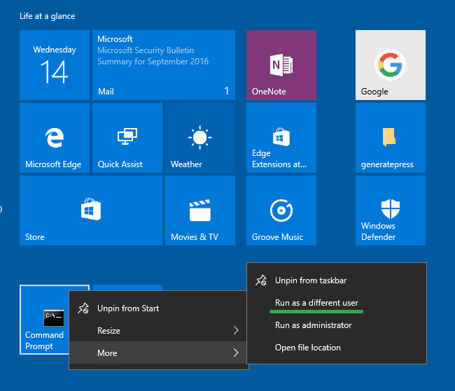 uitvoeren als verschillende gebruiker - toevoegen aan Windows 10 start