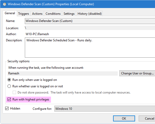 harmonogram kontroly programu Windows Defender